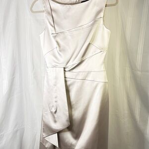 Elegant Silver Satin Sheath Dress with Draped Detail